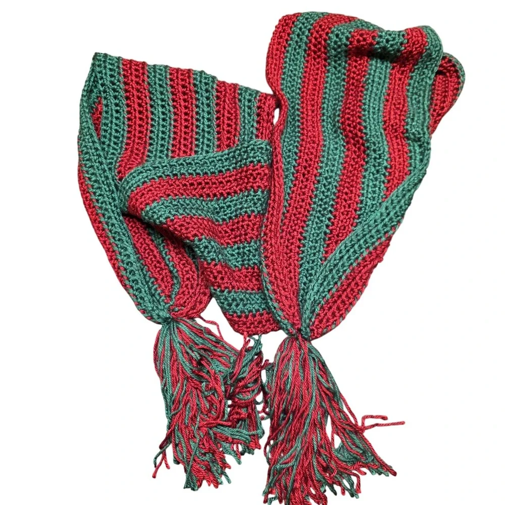 Handmade Crochet Scarf Red Green Striped Winter Holiday Tassel Unisex Cozy